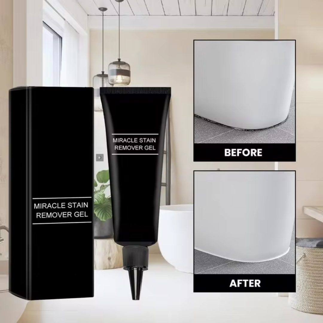 "Eco-friendly mould stain removal gel in tube; powerful cleaning for grout, tiles, sinks; deep penetration; no scrubbing."