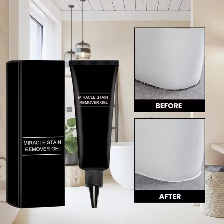 "Eco-friendly mould stain removal gel in tube; powerful cleaning for grout, tiles, sinks; deep penetration; no scrubbing."