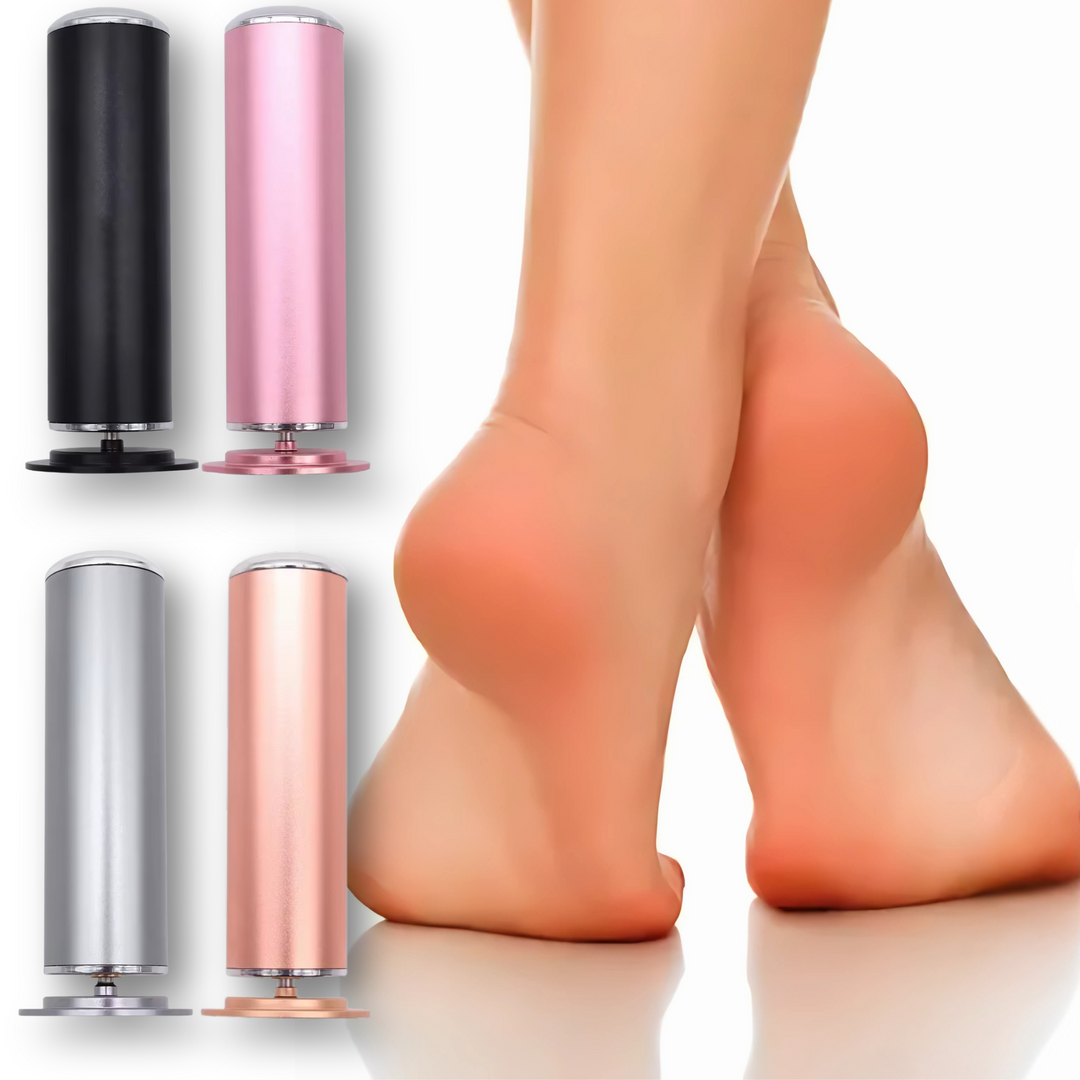 "Electric foot callus remover in silver; ergonomic, compact, with USB power. Ideal for men and women, ensuring smooth feet."