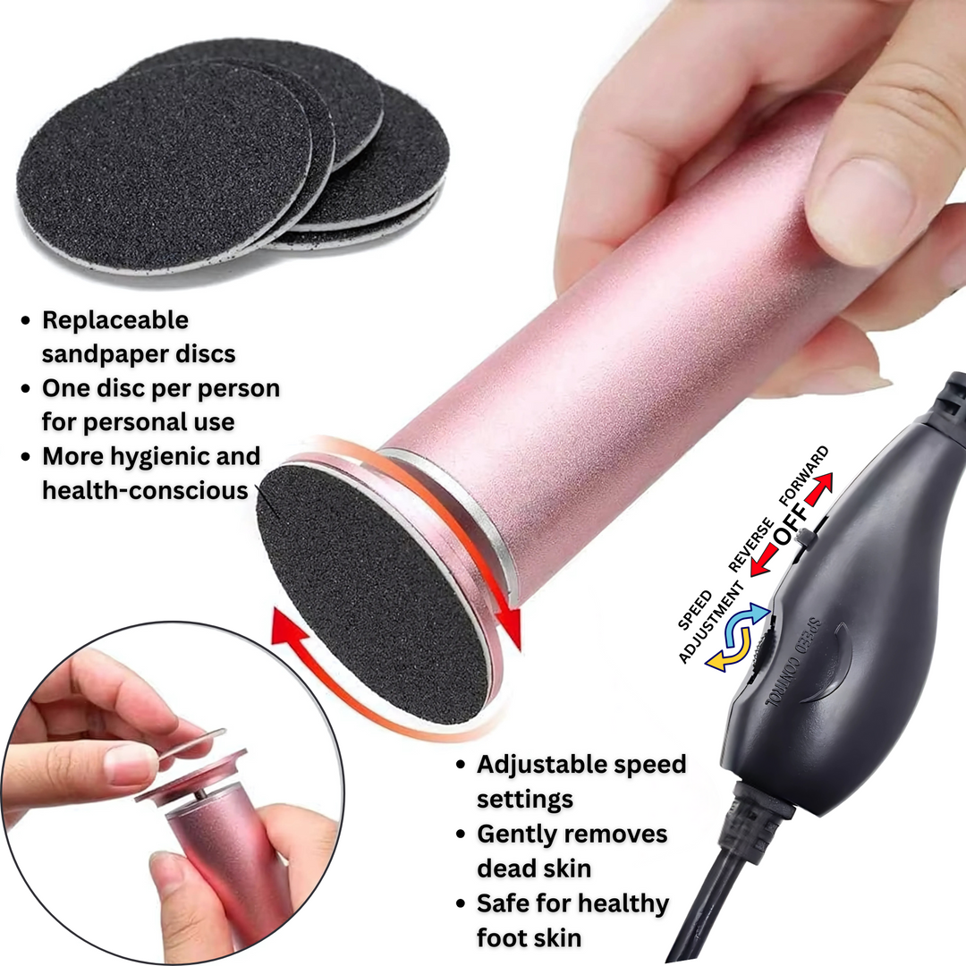 "Electric foot callus remover in silver; ergonomic, compact, with USB power. Ideal for men and women, ensuring smooth feet."