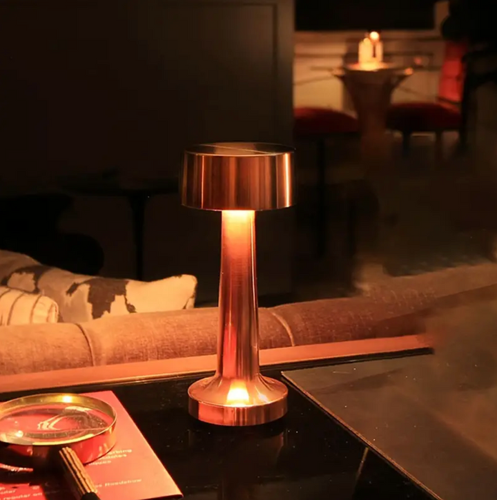 "Elegant cordless dimmable LED table lamp with touch control, ideal for living rooms and bedrooms in gold, rose gold, or silv