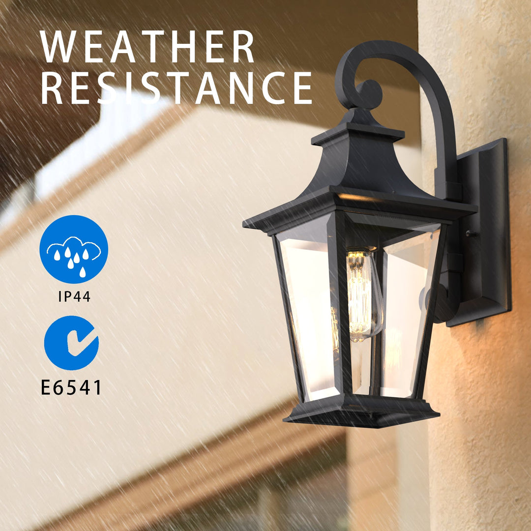 Elegant matte black outdoor wall light with glass shade, weatherproof; perfect for enhancing entrance ambiance and style.
