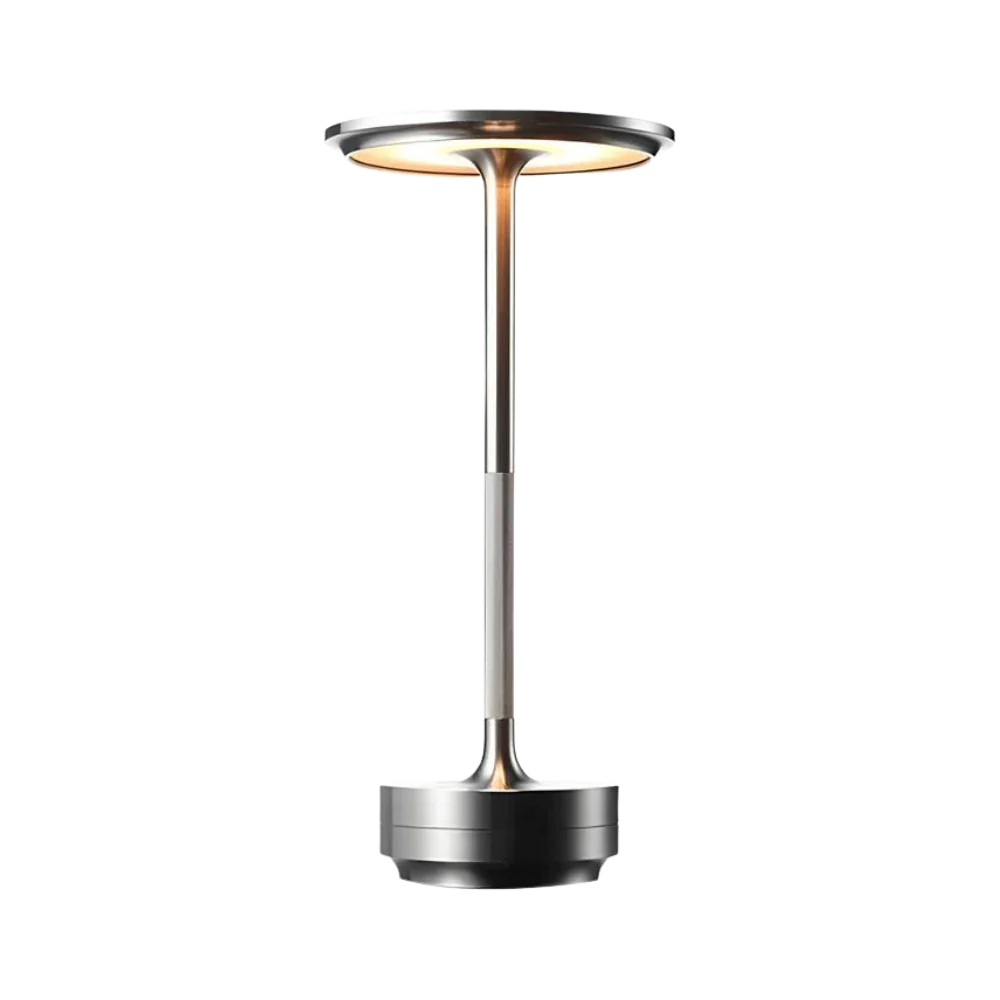 "Elegant wireless table lamp with sleek curves, gold finish; perfect for versatile ambient lighting on any table or desk."