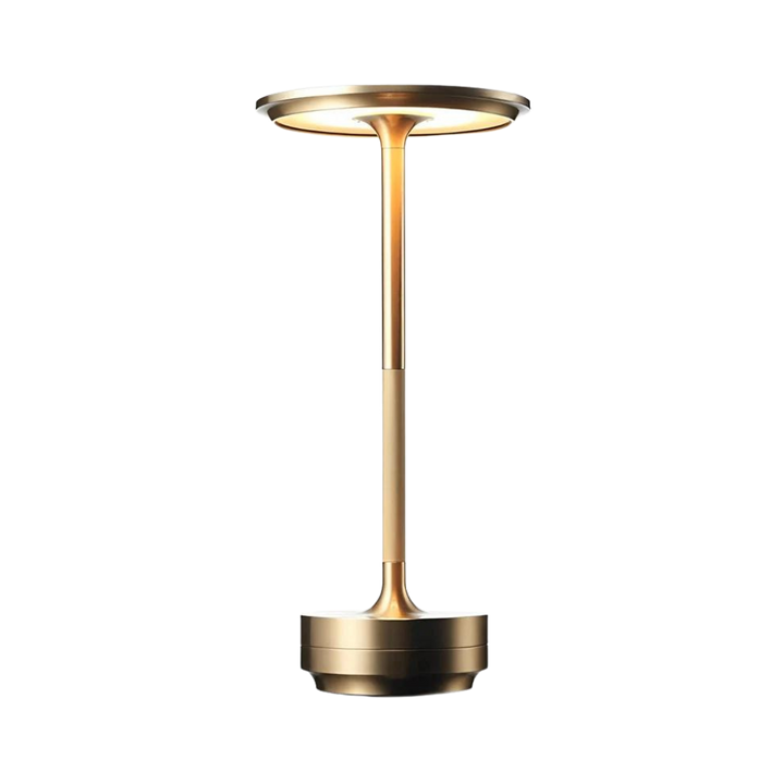 "Elegant wireless table lamp with sleek curves, gold finish; perfect for versatile ambient lighting on any table or desk."