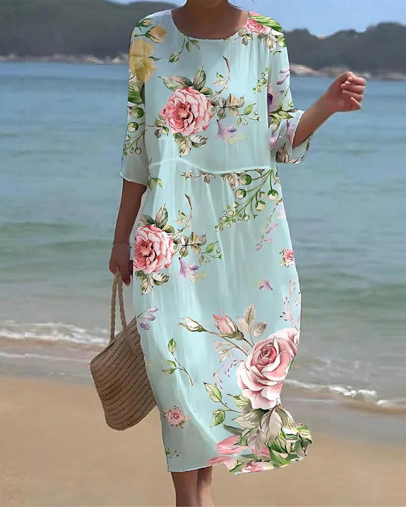 "Elegant women's floral dress with tummy control, front view, showcasing intricate floral patterns for a sophisticated look."