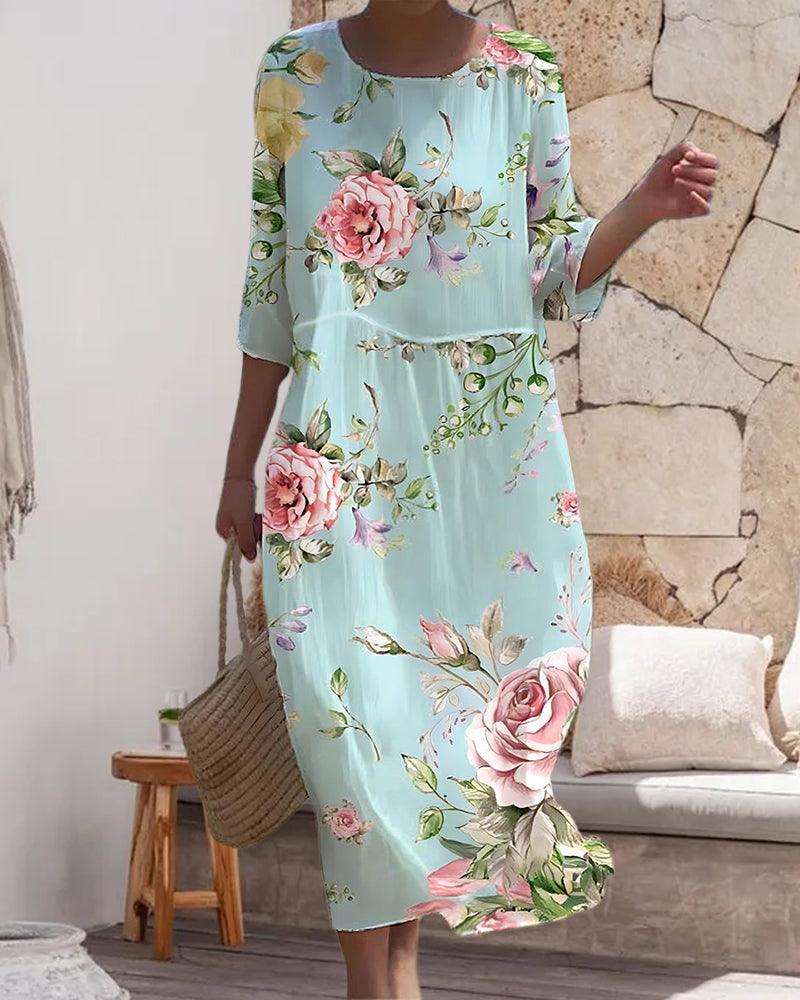 "Elegant women's floral dress with tummy control, front view, showcasing intricate floral patterns for a sophisticated look."