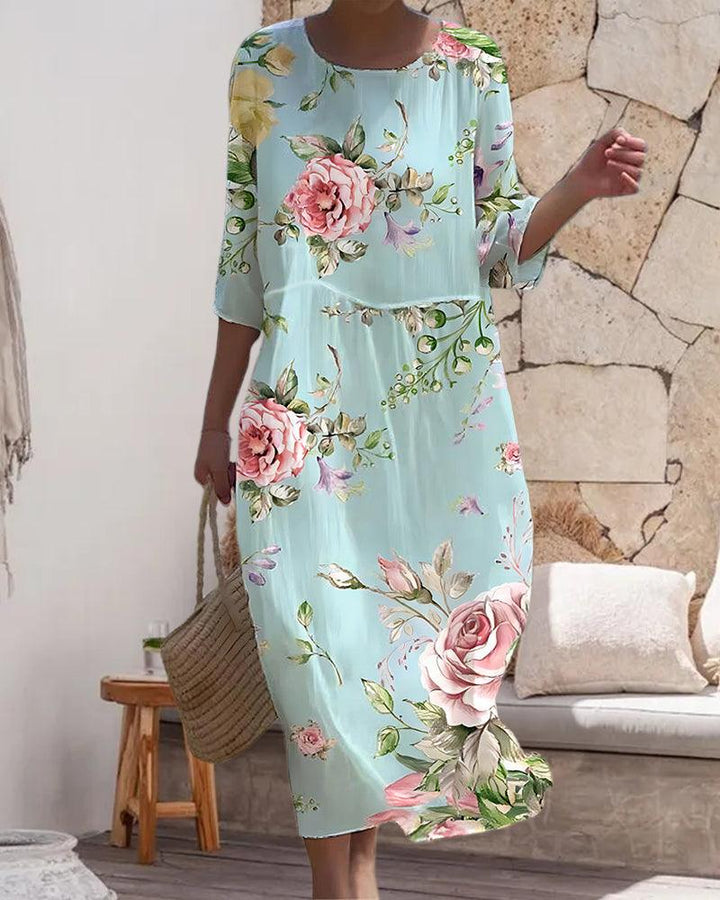"Elegant women's floral dress with tummy control, front view, showcasing intricate floral patterns for a sophisticated look."