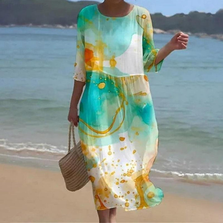 "Elegant women's floral dress with tummy control, front view, showcasing intricate floral patterns for a sophisticated look."