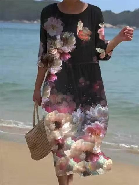 "Elegant women's floral dress with tummy control, front view, showcasing intricate floral patterns for a sophisticated look."