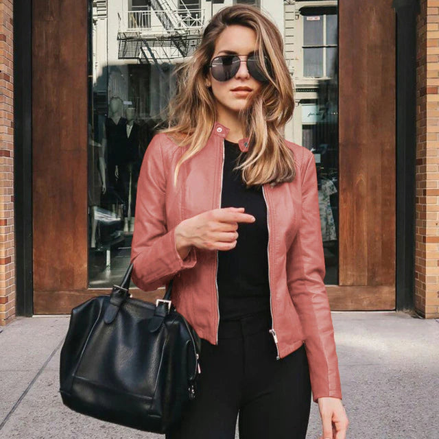 Elegant women's leather jacket, Marine Blue, chic and versatile design, timeless style for any occasion.