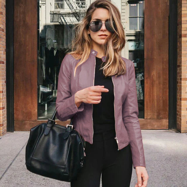 Elegant women's leather jacket, Marine Blue, chic and versatile design, timeless style for any occasion.