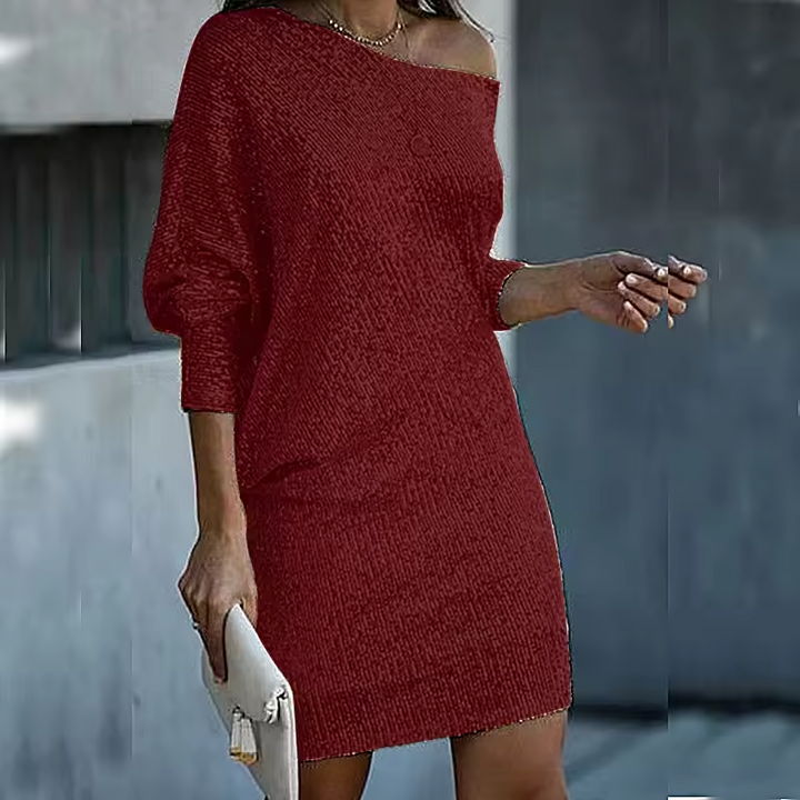 Elegant women's sequin evening dress, front view, with sleek silhouette and classic neckline, perfect for formal gatherings.