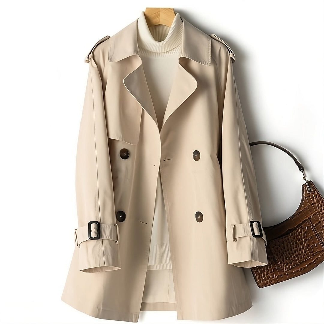 Elegant women's trench coat in autumn tones, long design with weather-resistant fabric, chic colors: beige, black, coffee.