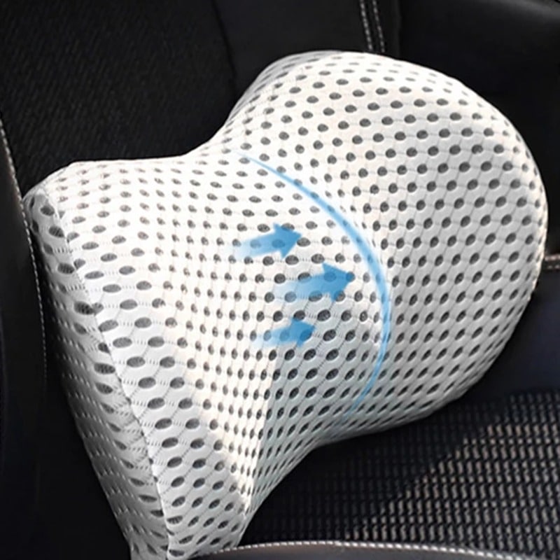 "Ergonomic Memory Foam Lumbar Support Cushion on office chair, featuring breathable cover and adjustable strap for optimal co