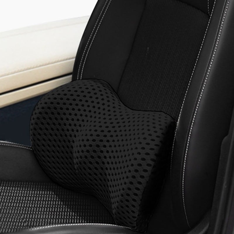 "Ergonomic Memory Foam Lumbar Support Cushion on office chair, featuring breathable cover and adjustable strap for optimal co