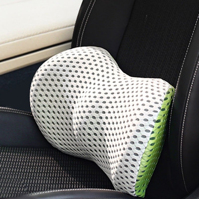 "Ergonomic Memory Foam Lumbar Support Cushion on office chair, featuring breathable cover and adjustable strap for optimal co