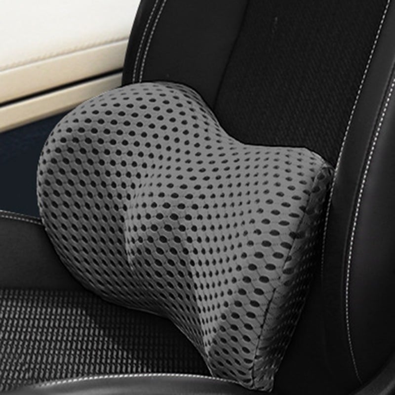 "Ergonomic Memory Foam Lumbar Support Cushion on office chair, featuring breathable cover and adjustable strap for optimal co