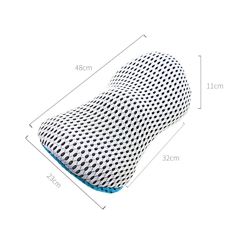 "Ergonomic Memory Foam Lumbar Support Cushion on office chair, featuring breathable cover and adjustable strap for optimal co