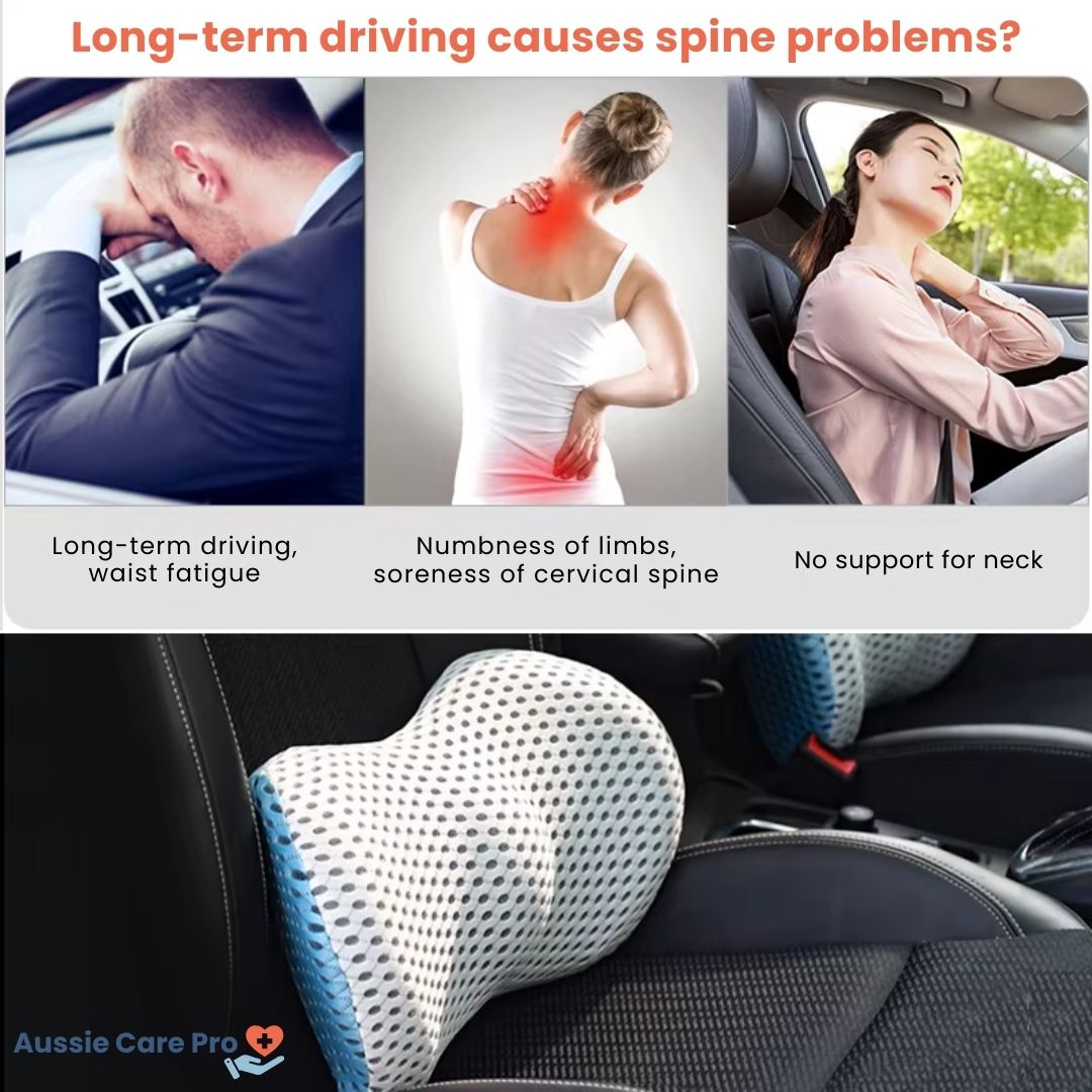 "Ergonomic Memory Foam Lumbar Support Cushion on office chair, featuring breathable cover and adjustable strap for optimal co