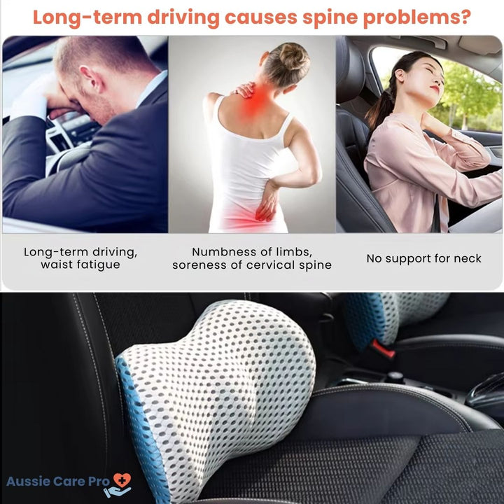 "Ergonomic Memory Foam Lumbar Support Cushion on office chair, featuring breathable cover and adjustable strap for optimal co