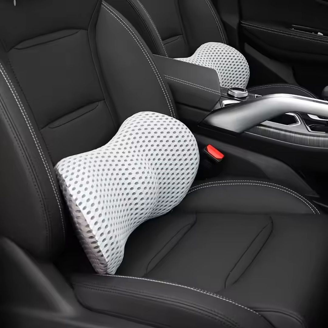 "Ergonomic Memory Foam Lumbar Support Cushion on office chair, featuring breathable cover and adjustable strap for optimal co
