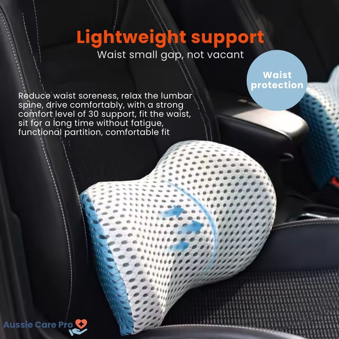"Ergonomic Memory Foam Lumbar Support Cushion on office chair, featuring breathable cover and adjustable strap for optimal co