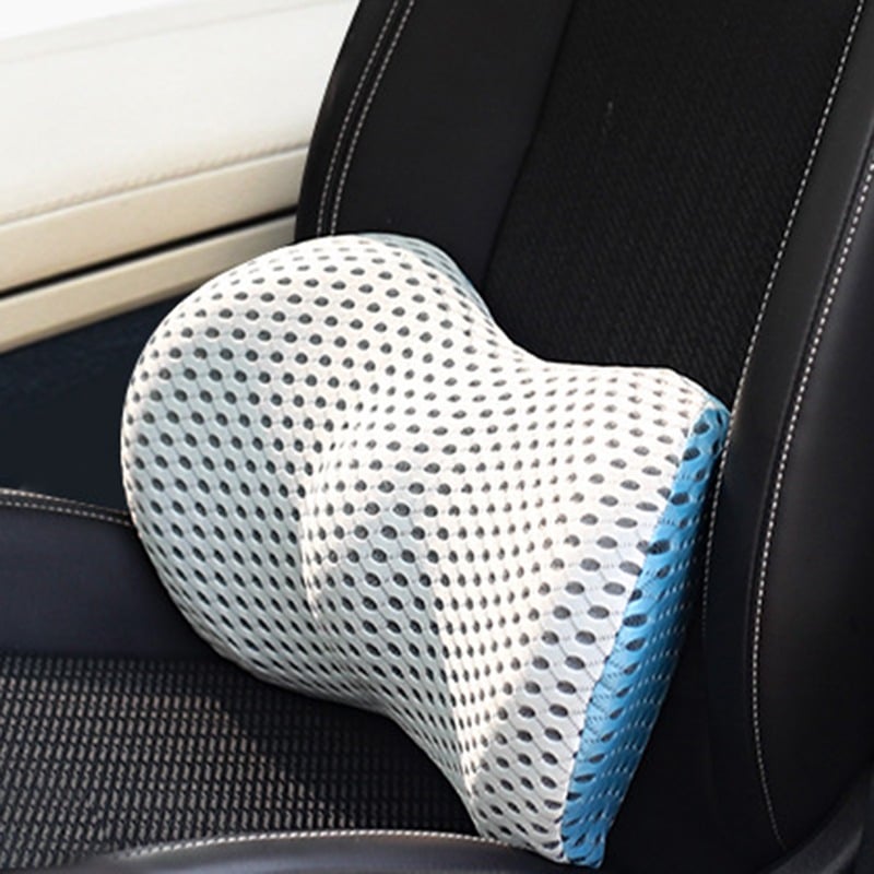 "Ergonomic Memory Foam Lumbar Support Cushion on office chair, featuring breathable cover and adjustable strap for optimal co