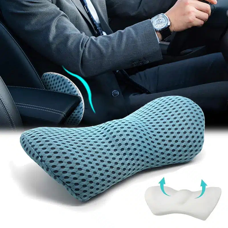 "Ergonomic Memory Foam Lumbar Support Cushion on office chair, featuring breathable cover and adjustable strap for optimal co