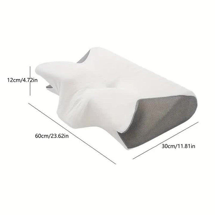 "Ergonomic butterfly memory foam neck pillow for side & back sleepers, in black or grey, promotes spinal alignment & comfort.