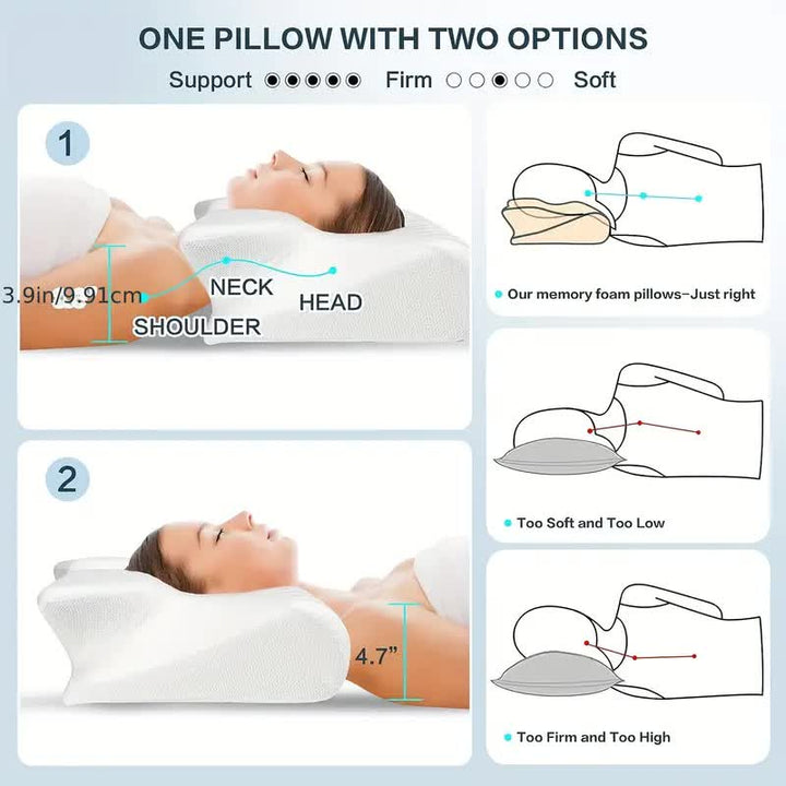 "Ergonomic butterfly memory foam neck pillow for side & back sleepers, in black or grey, promotes spinal alignment & comfort.
