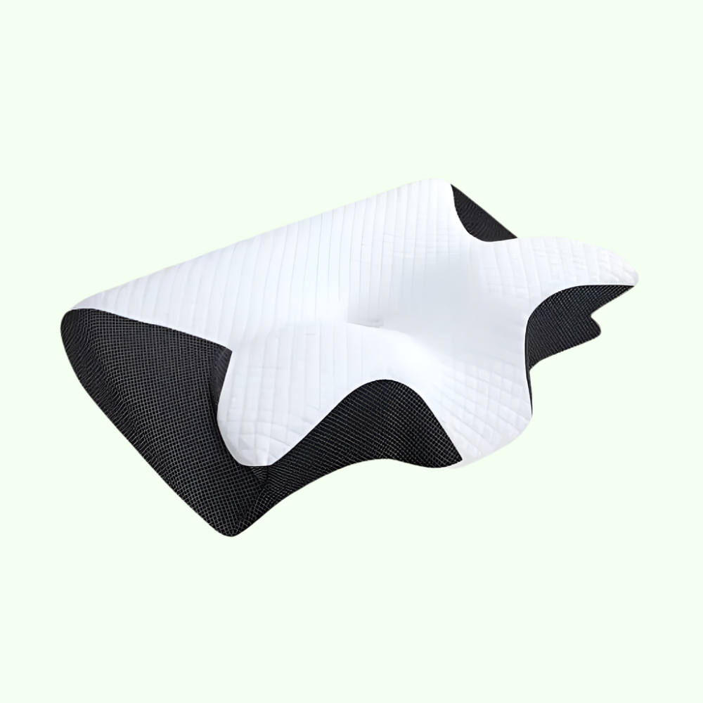 "Ergonomic butterfly memory foam neck pillow for side & back sleepers, in black or grey, promotes spinal alignment & comfort.