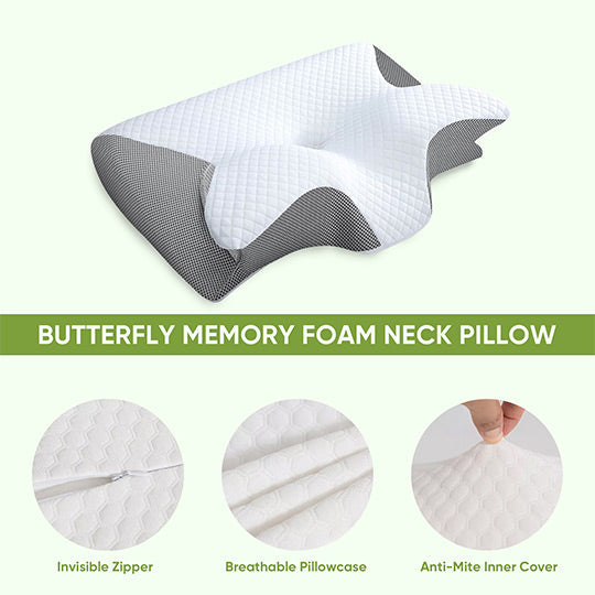 "Ergonomic butterfly memory foam neck pillow for side & back sleepers, in black or grey, promotes spinal alignment & comfort.