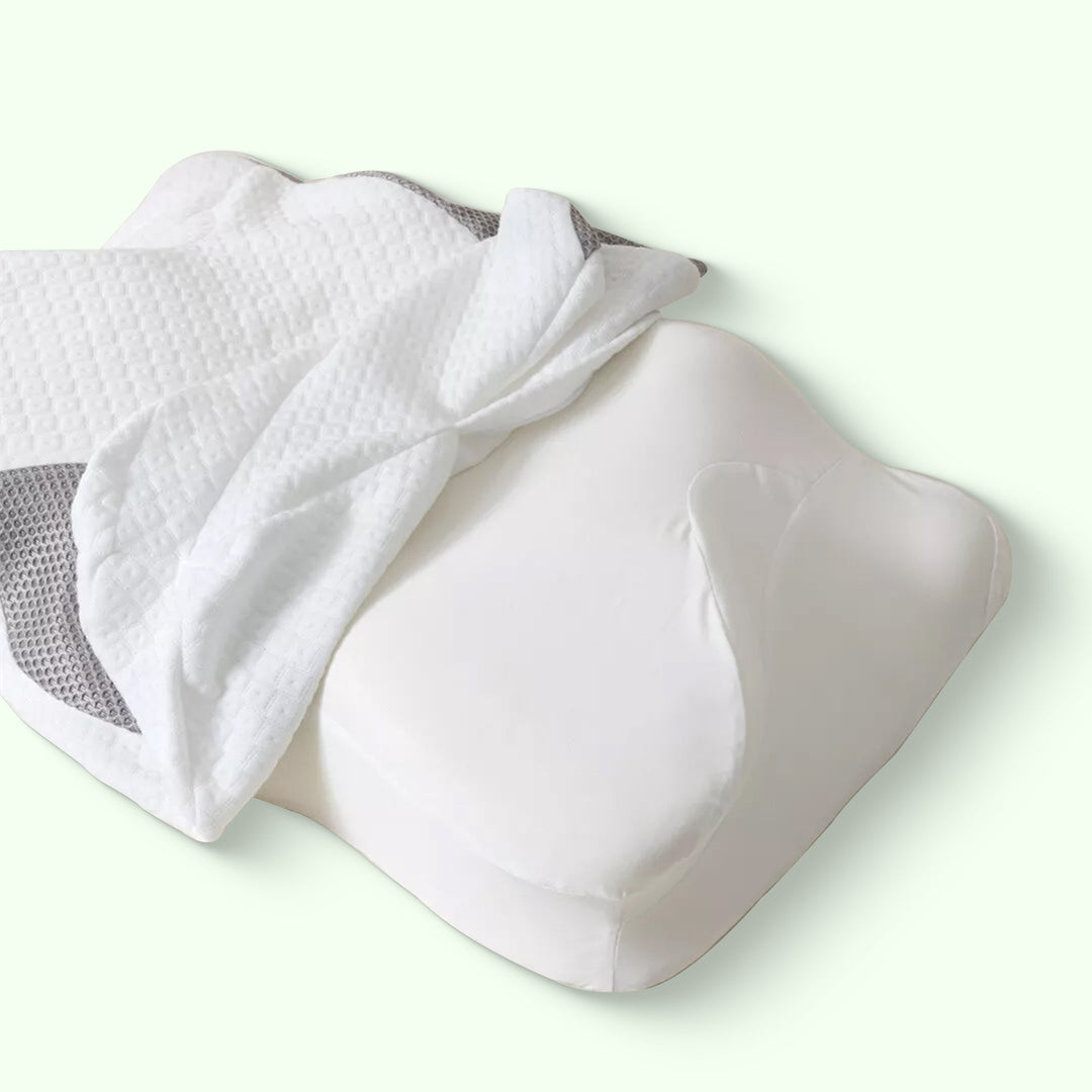 "Ergonomic butterfly memory foam neck pillow for side & back sleepers, in black or grey, promotes spinal alignment & comfort.