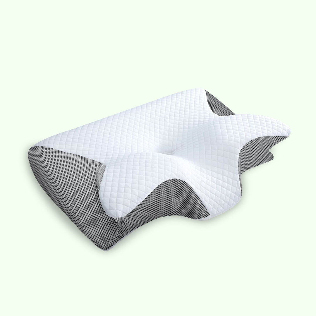 Ergonomic butterfly neck pillow, memory foam, black, grey; supports side and back sleepers, enhances neck alignment, stylish.