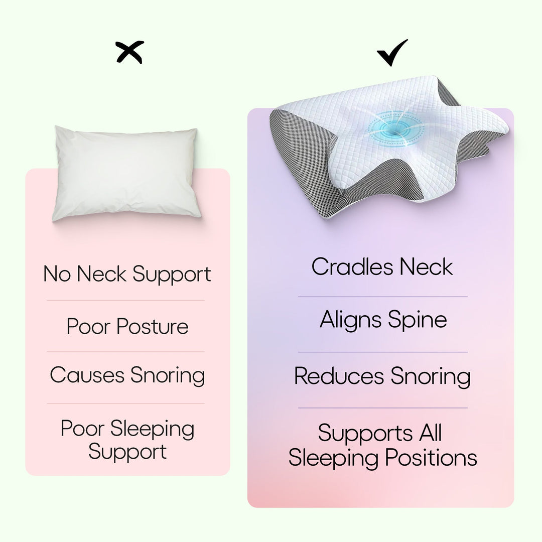 Ergonomic butterfly neck pillow, memory foam, black, grey; supports side and back sleepers, enhances neck alignment, stylish.