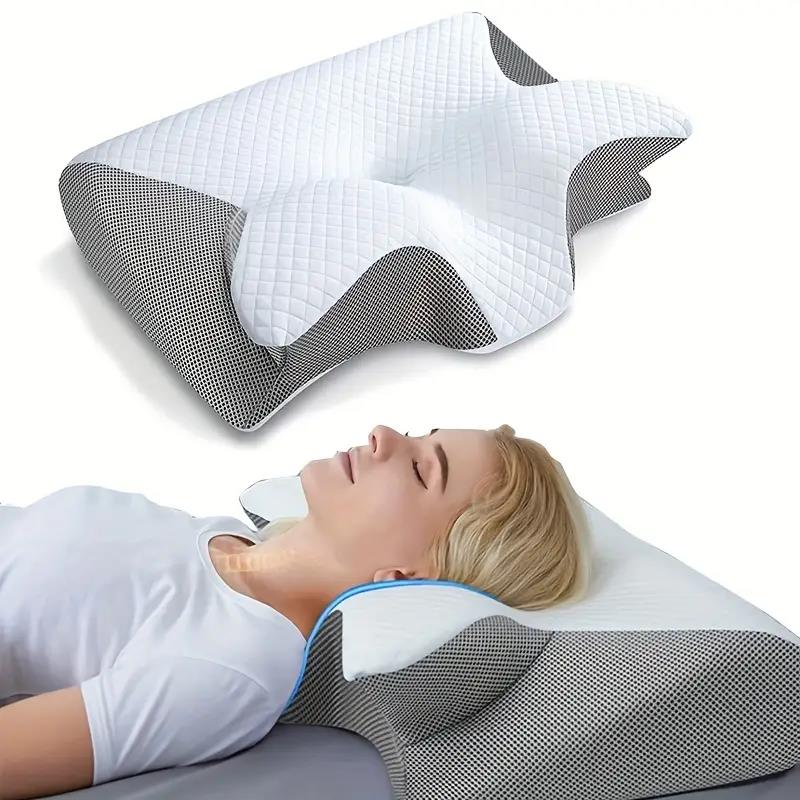 Ergonomic butterfly neck pillow, memory foam, black, grey; supports side and back sleepers, enhances neck alignment, stylish.