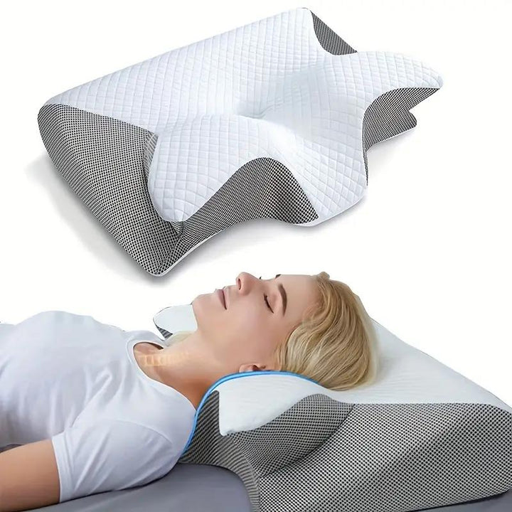 Ergonomic butterfly neck pillow, memory foam, black, grey; supports side and back sleepers, enhances neck alignment, stylish.