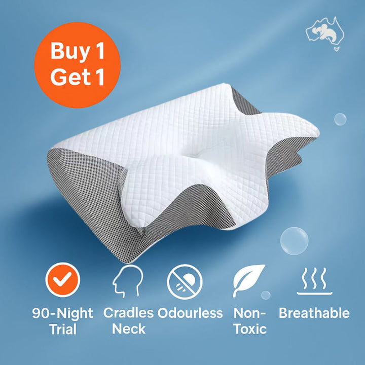"Ergonomic butterfly pillow in blue, offering neck support and spinal alignment for restful sleep on side, back, or stomach."