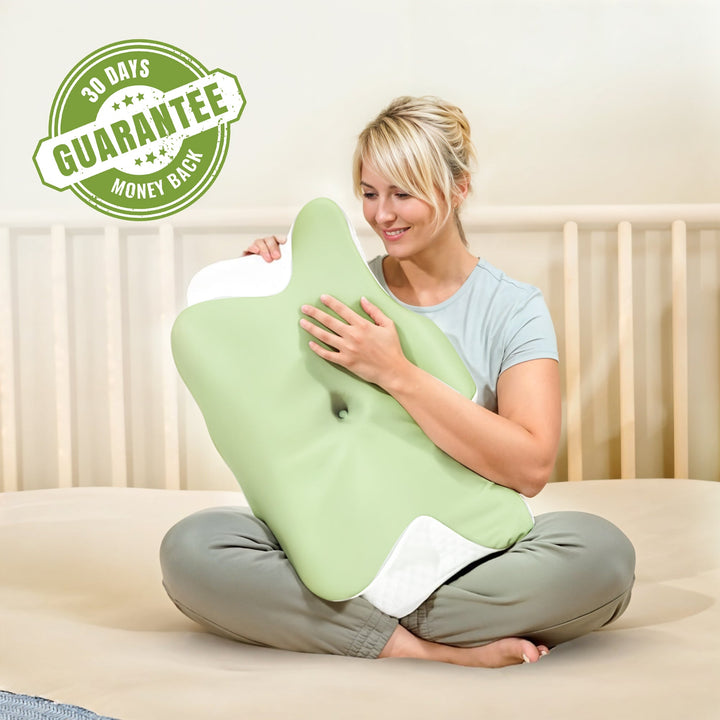 "Ergonomic butterfly-shaped memory foam pillow offering neck support, shown in stylish blue with breathable fabric design."