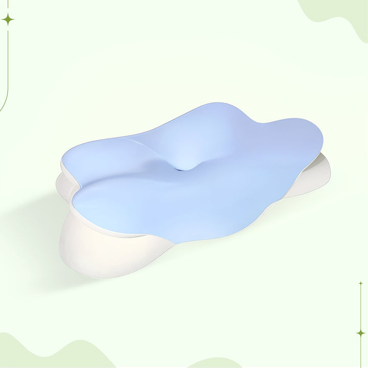 "Ergonomic butterfly-shaped memory foam pillow offering neck support, shown in stylish blue with breathable fabric design."