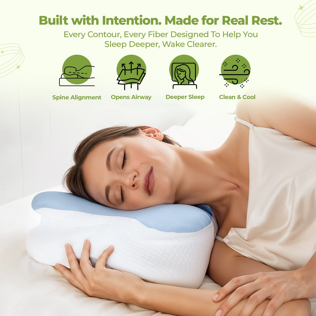 "Ergonomic butterfly-shaped memory foam pillow offering neck support, shown in stylish blue with breathable fabric design."