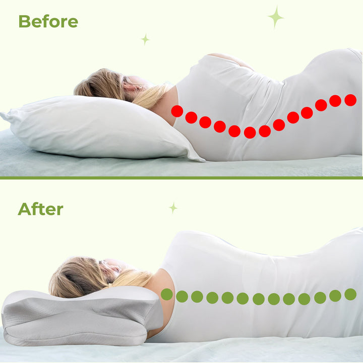 "Ergonomic butterfly-shaped memory foam pillow offering neck support, shown in stylish blue with breathable fabric design."