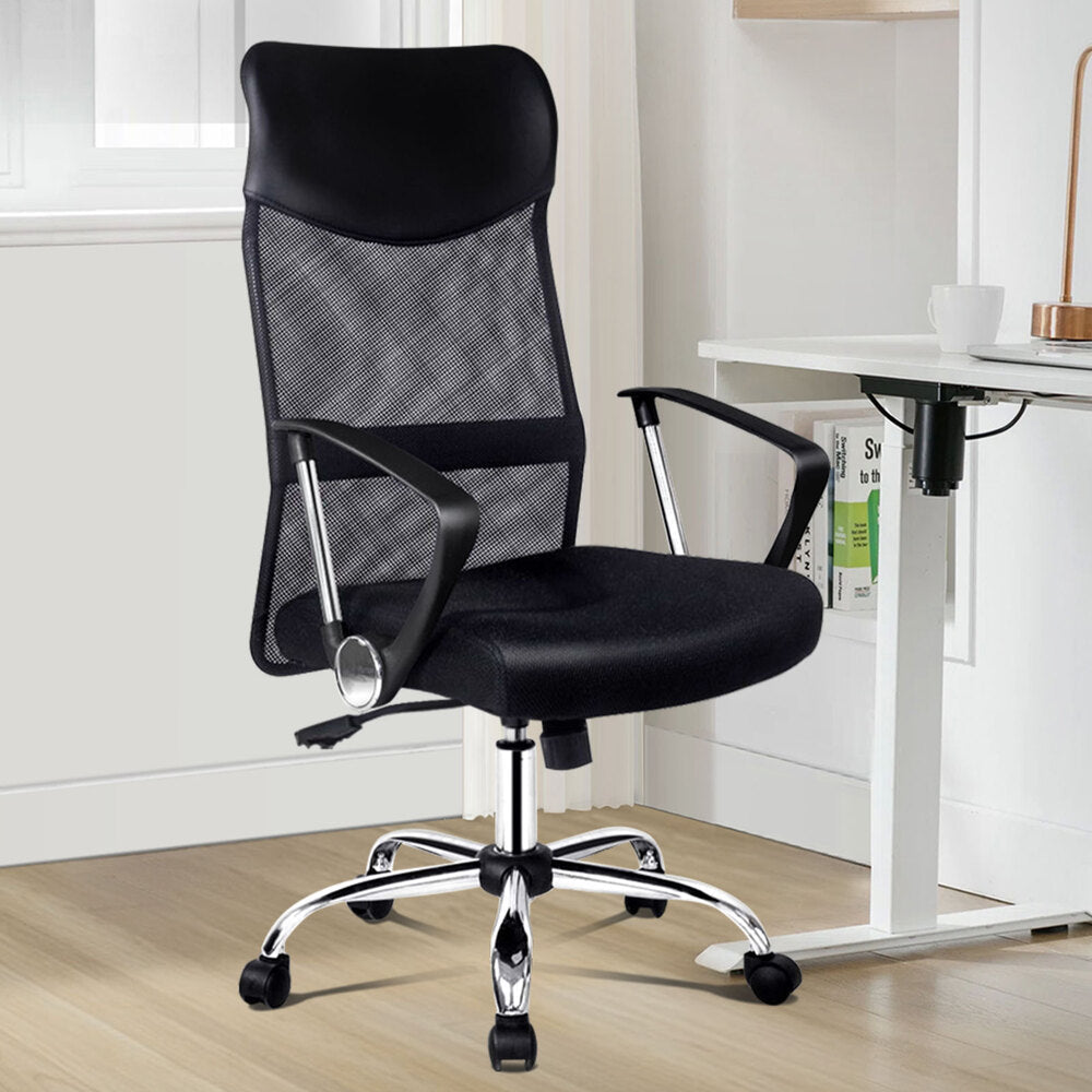 "Ergonomic high back black office chair with lumbar support, sleek design, breathable mesh fabric, and padded comfort feature