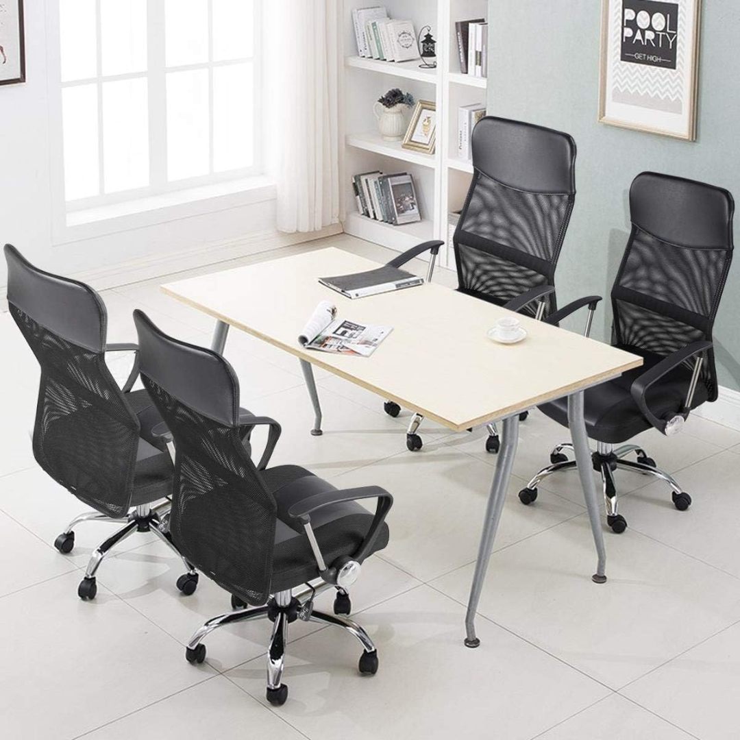 "Ergonomic high back black office chair with lumbar support, sleek design, breathable mesh fabric, and padded comfort feature