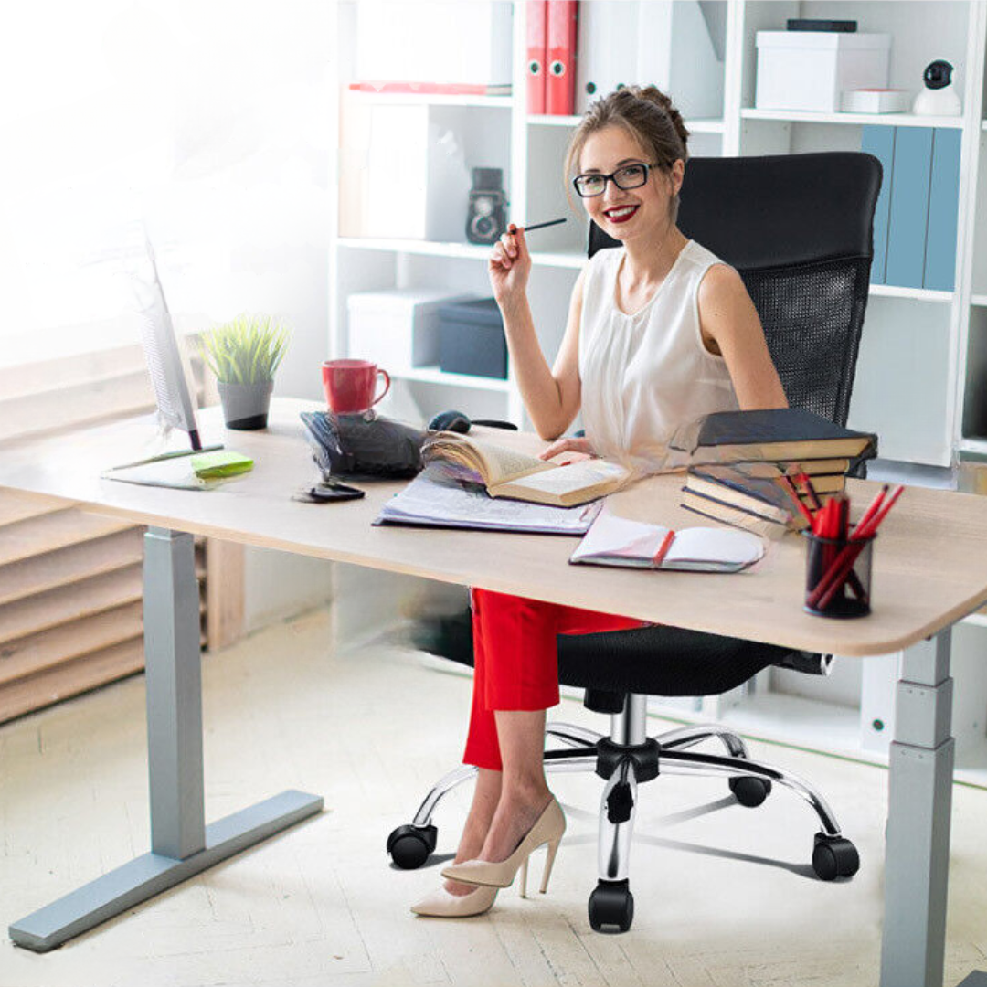 "Ergonomic high back black office chair with lumbar support, sleek design, breathable mesh fabric, and padded comfort feature