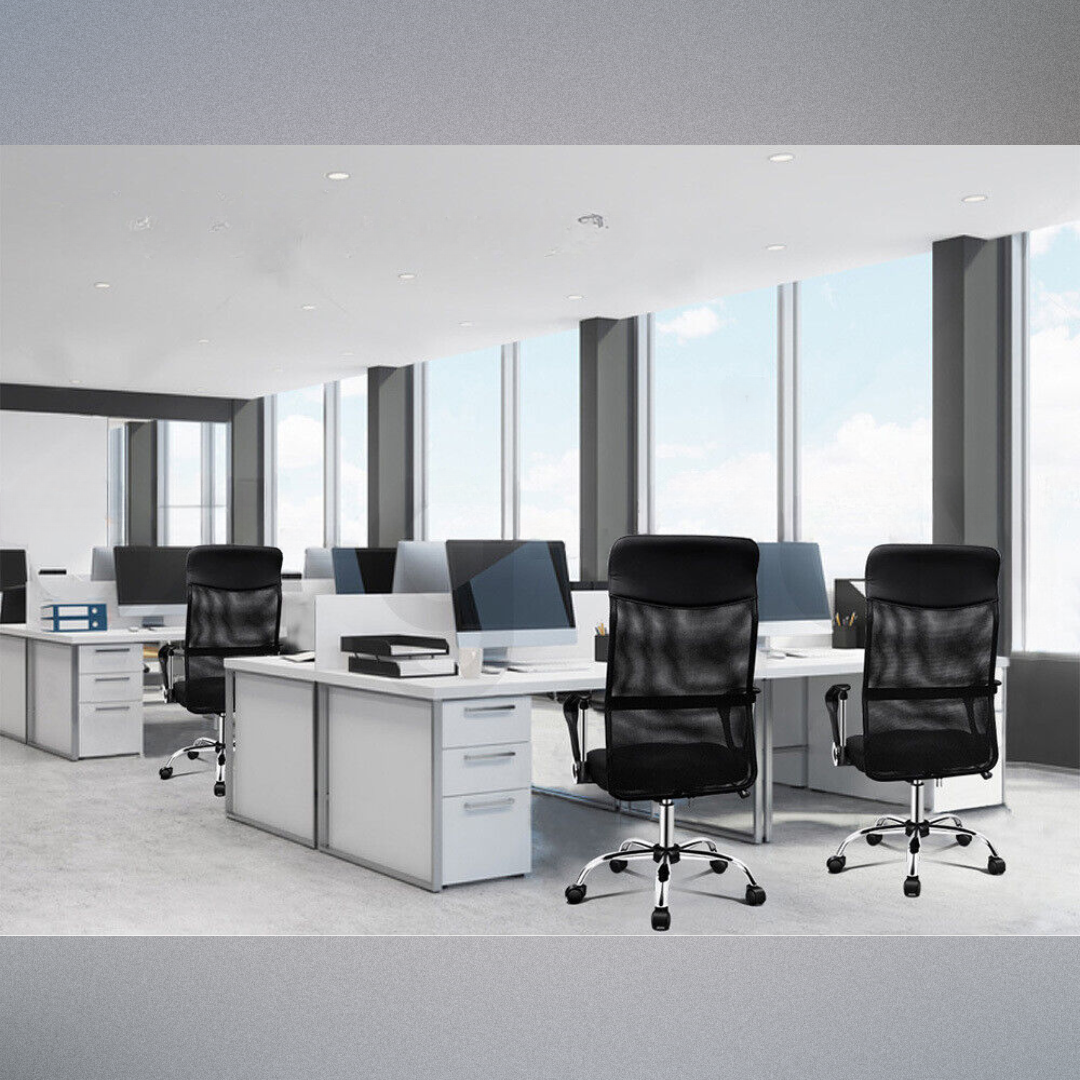 "Ergonomic high back black office chair with lumbar support, sleek design, breathable mesh fabric, and padded comfort feature