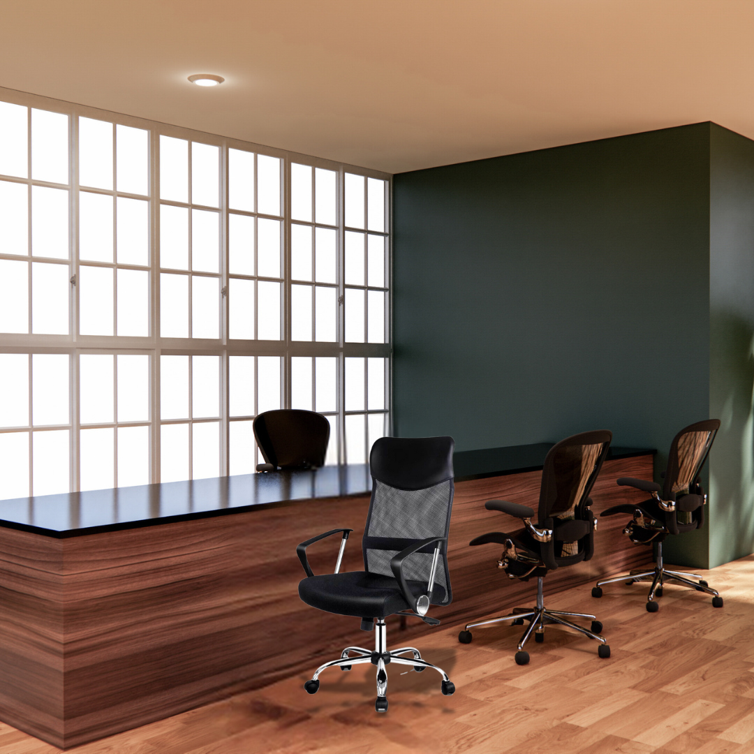 "Ergonomic high back black office chair with lumbar support, sleek design, breathable mesh fabric, and padded comfort feature