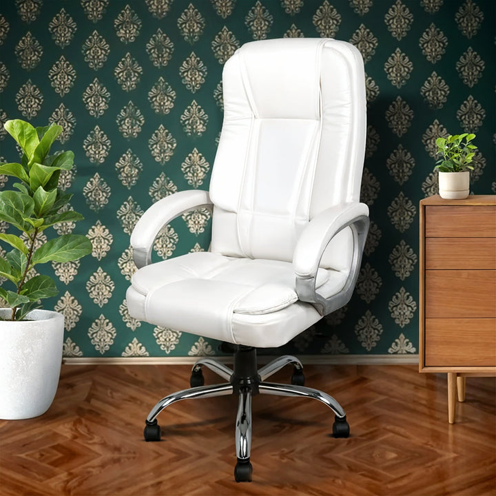 Ergonomic high-back leather office chair in black with adjustable features and padded armrests, ideal for comfort at work.