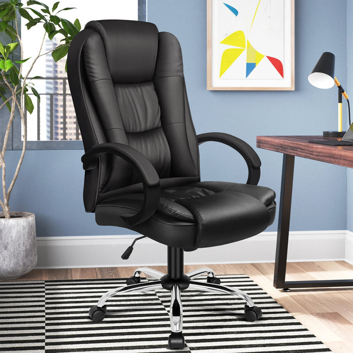Ergonomic high-back leather office chair in black with adjustable features and padded armrests, ideal for comfort at work.