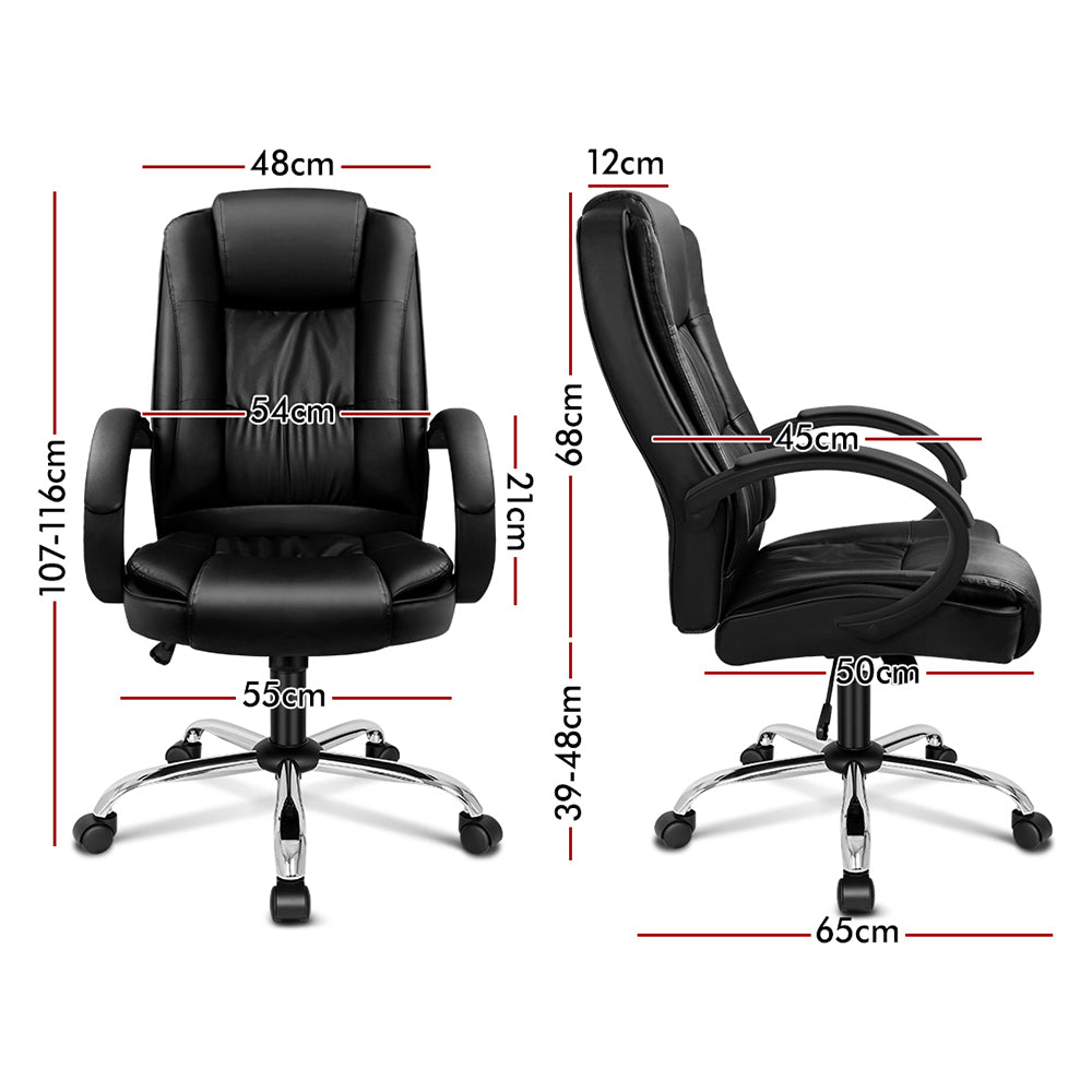 Ergonomic high-back leather office chair in black with adjustable features and padded armrests, ideal for comfort at work.